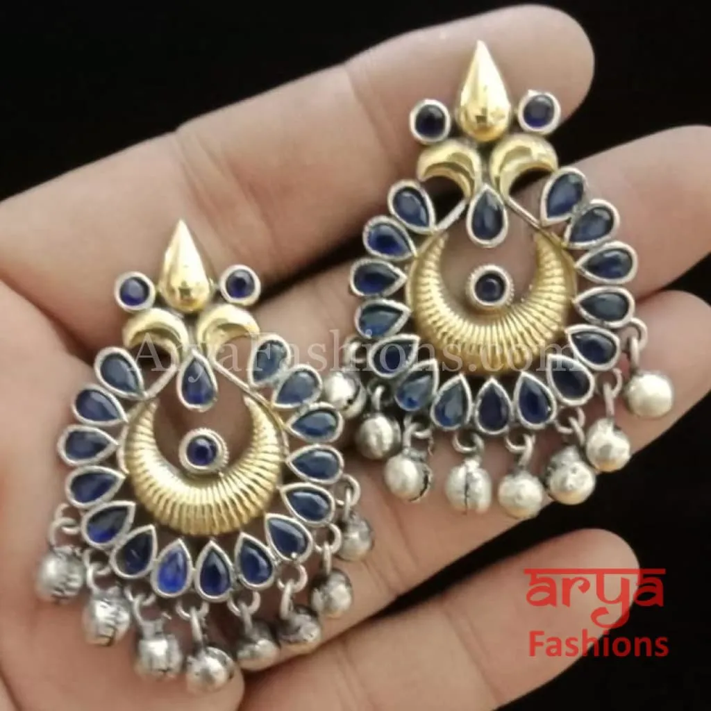 Silver Oxidized Tribal Earrings with Colorful Cultured Stones Dual Tone Chandbali