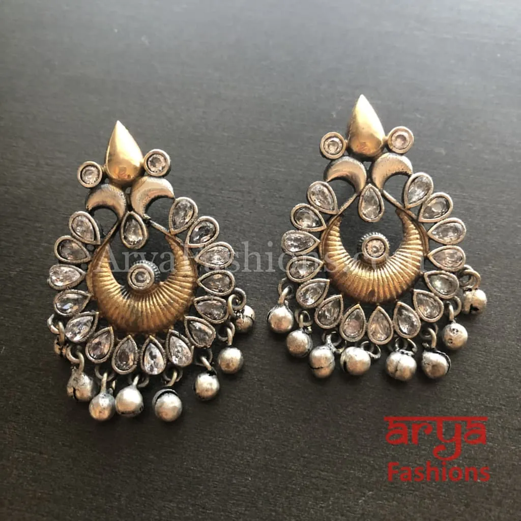 Silver Oxidized Tribal Earrings with Colorful Cultured Stones Dual Tone Chandbali