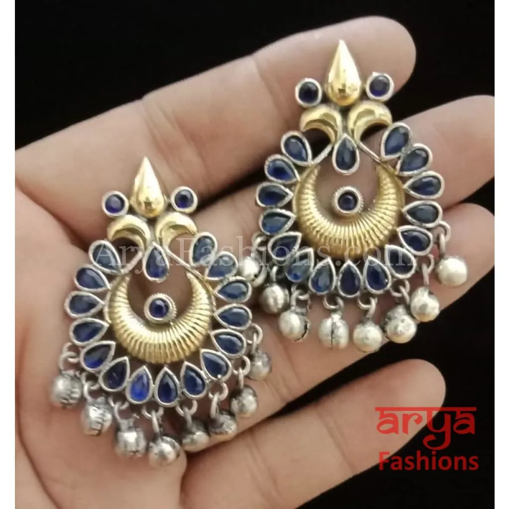 Silver Oxidized Tribal Earrings with Colorful Cultured Stones Dual Tone Chandbali