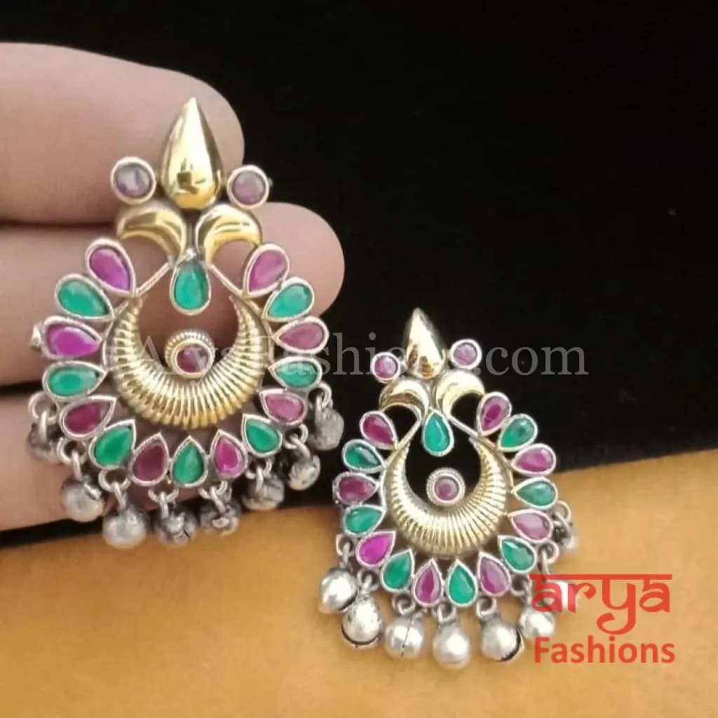 Silver Oxidized Tribal Earrings with Colorful Cultured Stones Dual Tone Chandbali