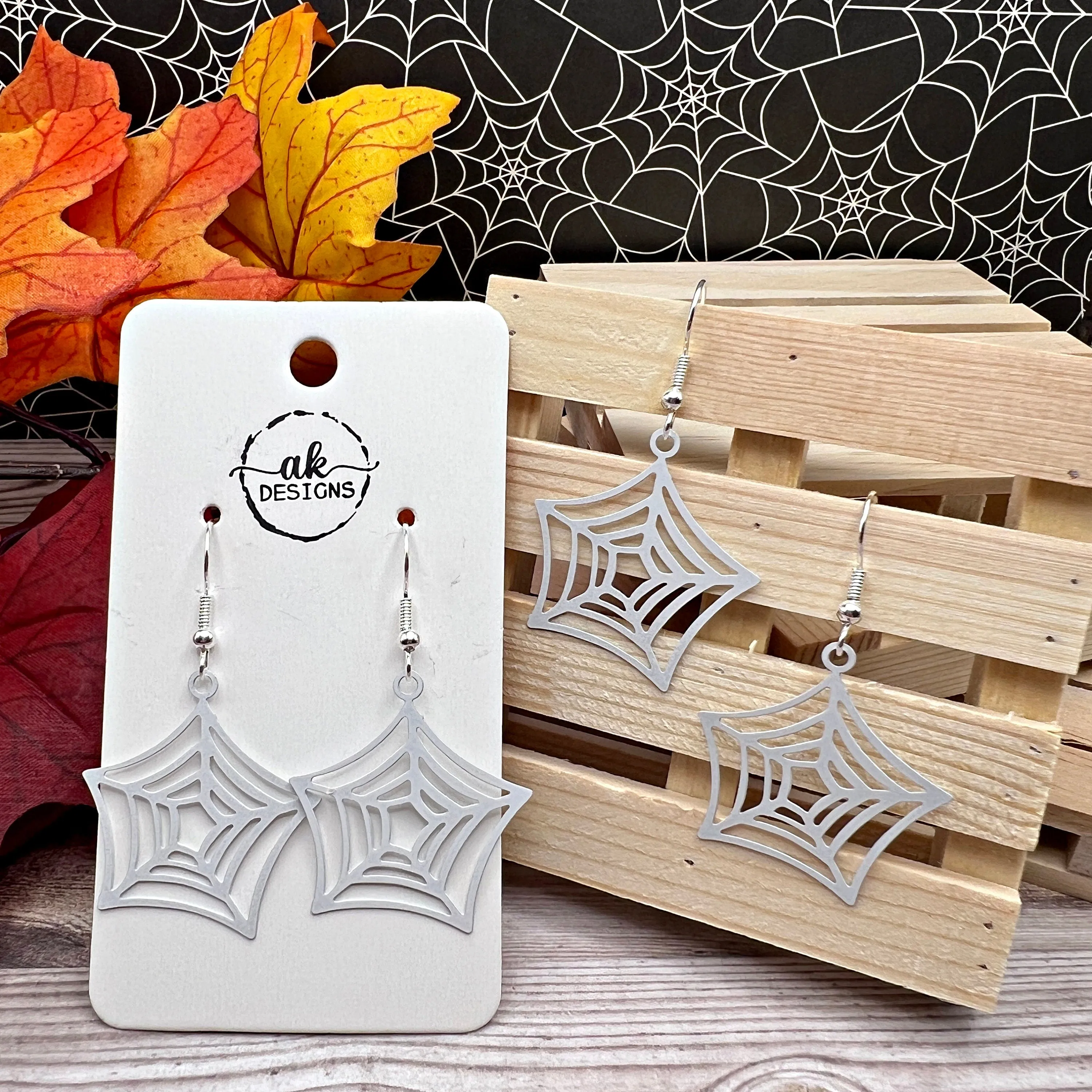 Spider Web Lightweight Brass White Hypoallergenic  Halloween Earrings