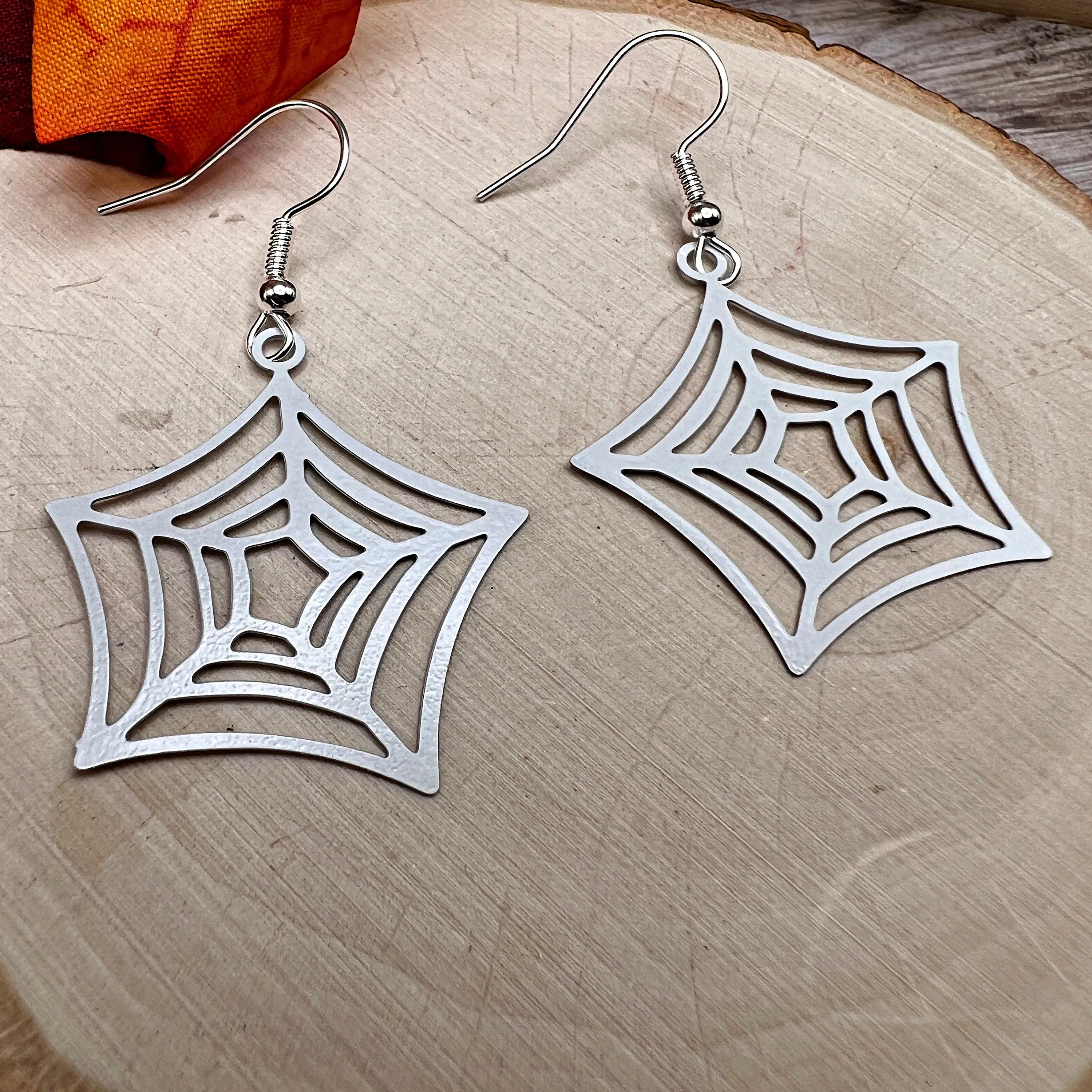 Spider Web Lightweight Brass White Hypoallergenic  Halloween Earrings