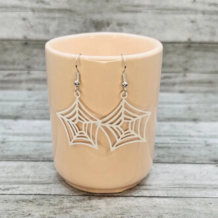 Spider Web Lightweight Brass White Hypoallergenic  Halloween Earrings