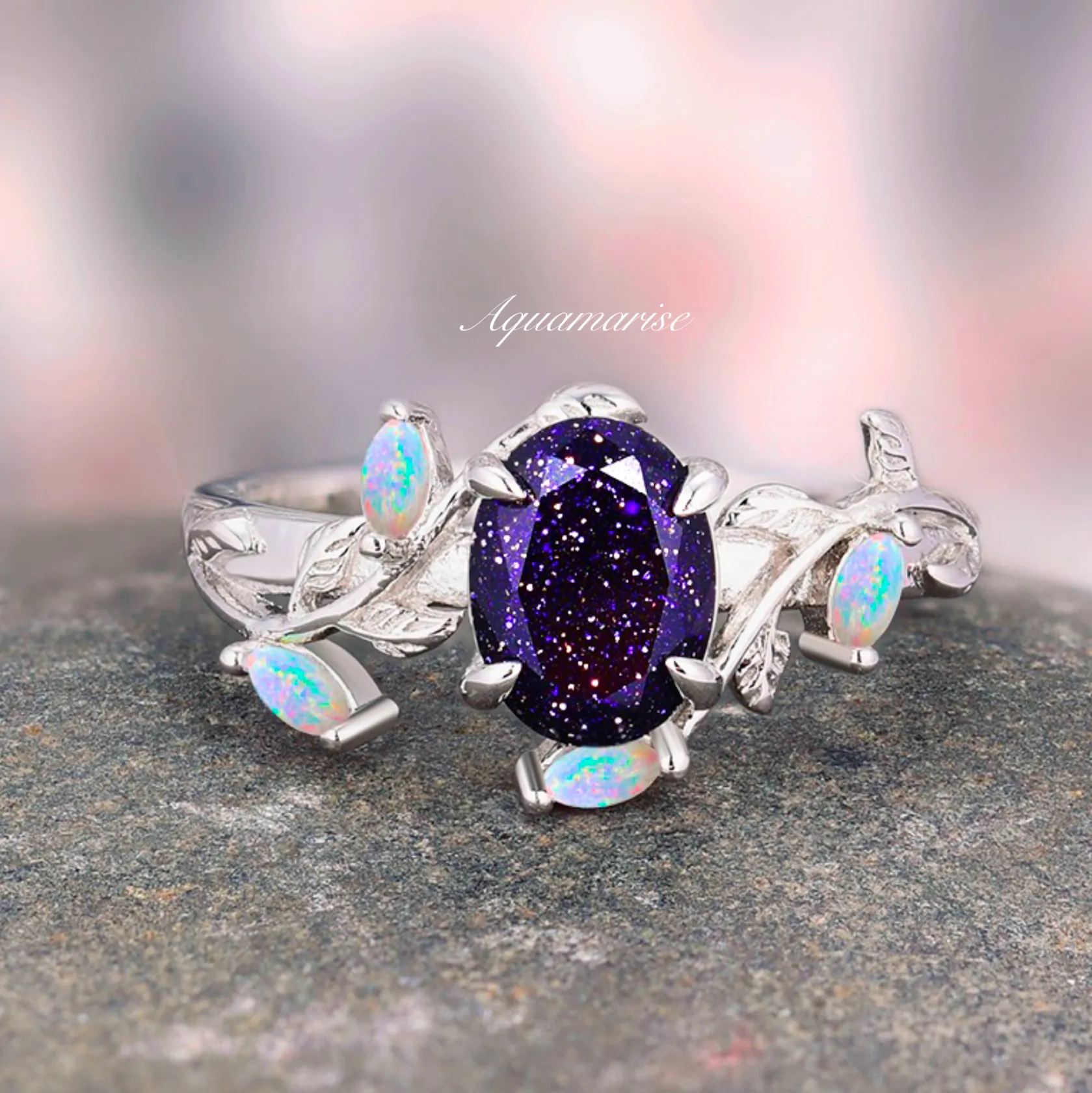 Starry Night & Australian Opal Leaf Ring- Sterling Silver