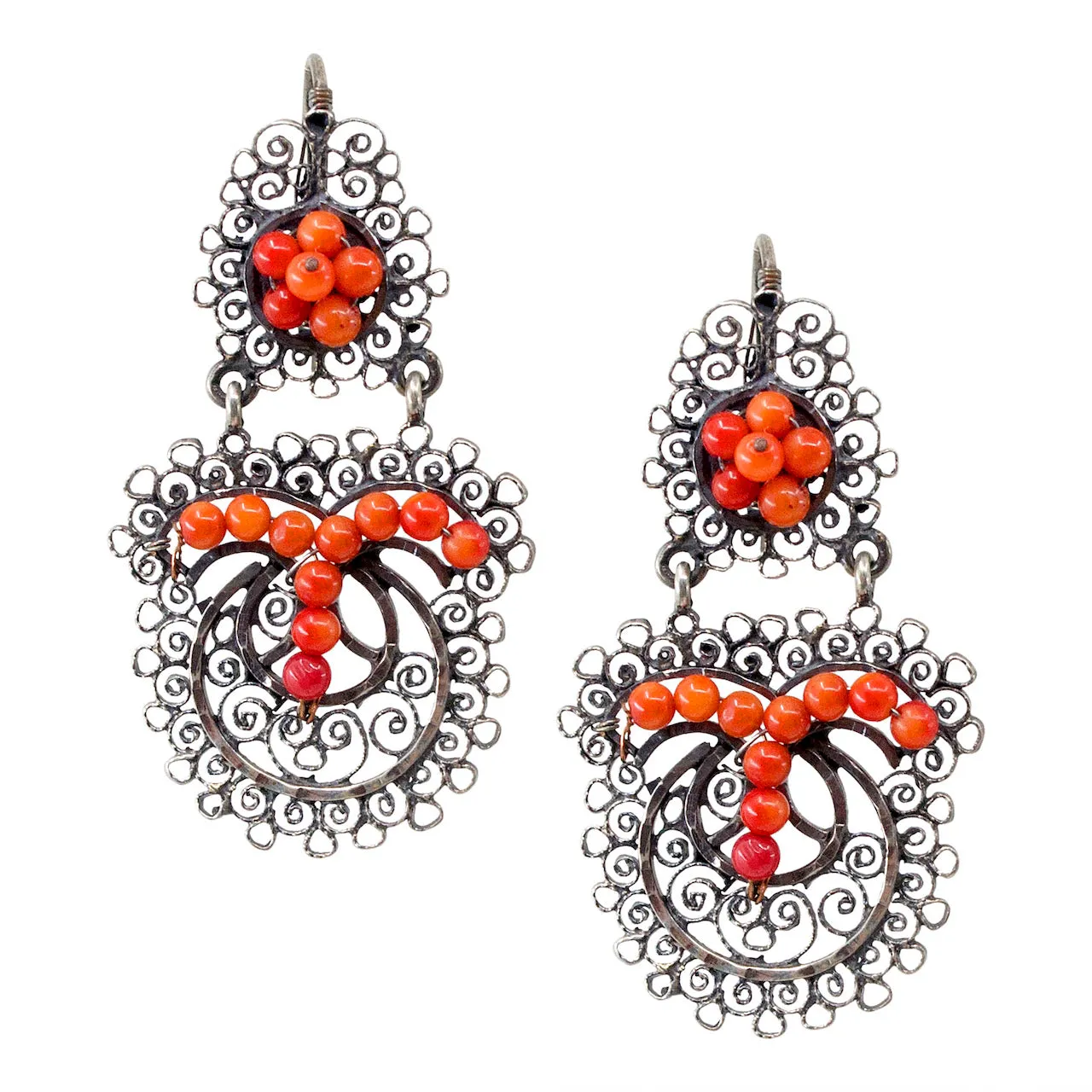 Sterling Silver Frida Kahlo Filigree Earrings with Coral Beads