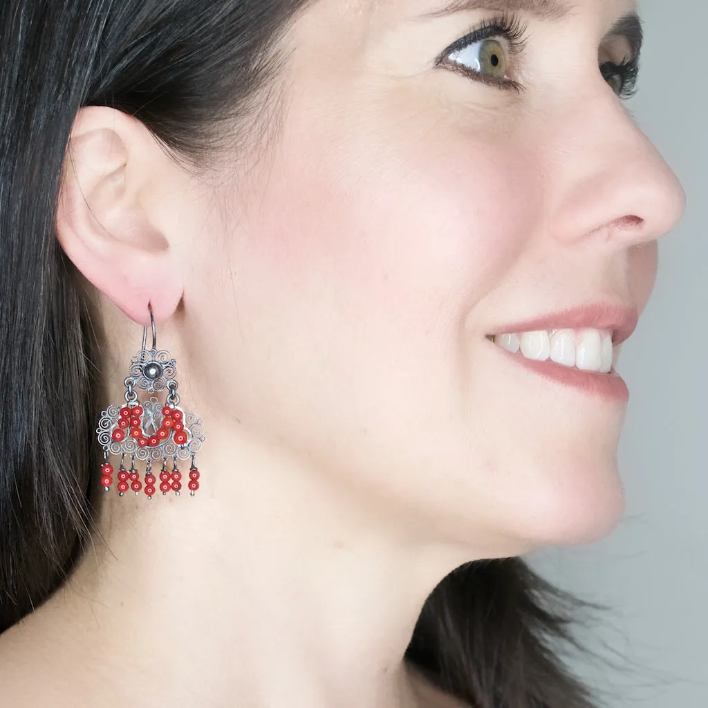 Sterling Silver Frida Kahlo Filigree M Earrings with Coral Beads