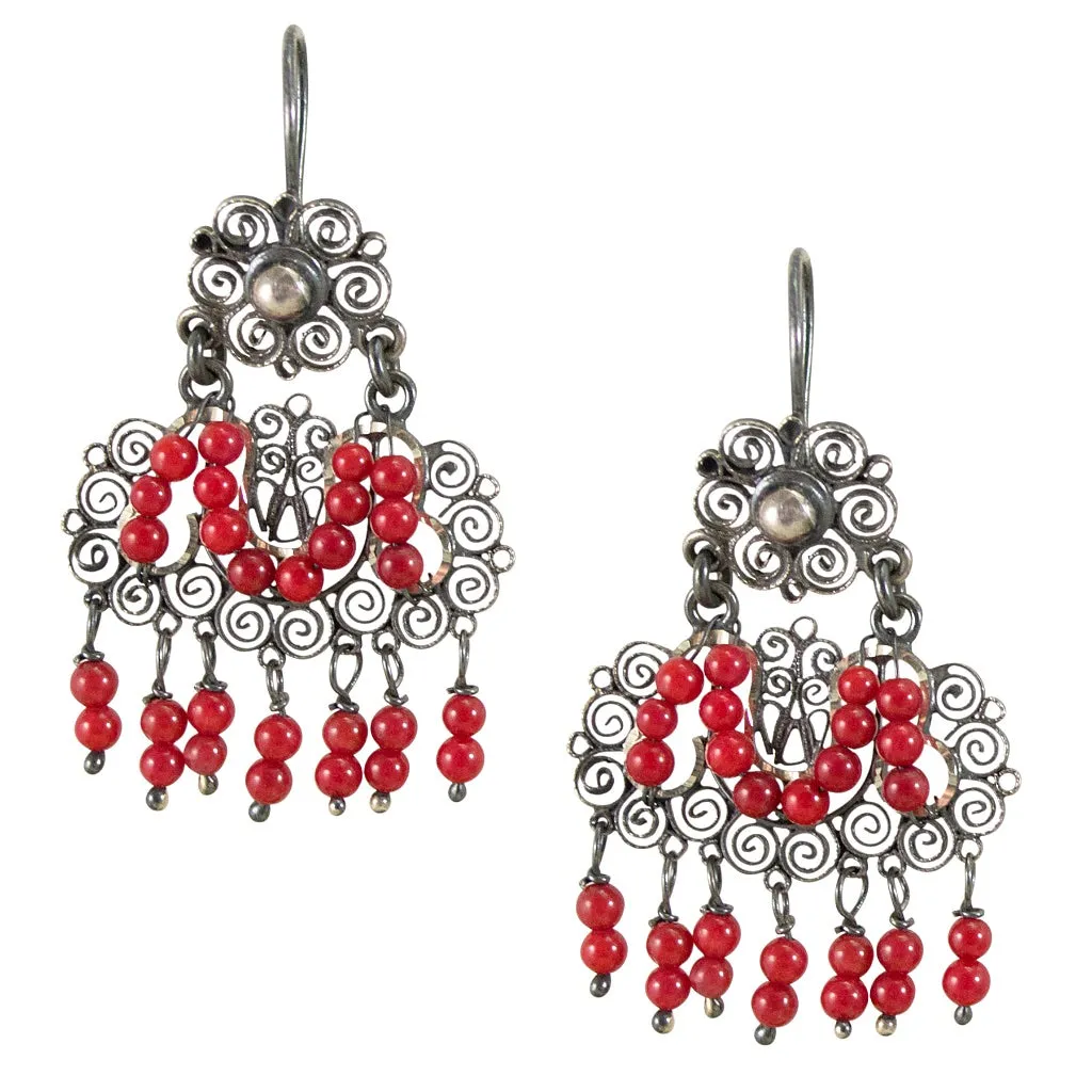 Sterling Silver Frida Kahlo Filigree M Earrings with Coral Beads