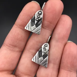 Sterling Silver Primitive Geometric Drop Earrings — Hand Carved Design Made in Certified Eco-Friendly Recycled 925 Sterling Silver