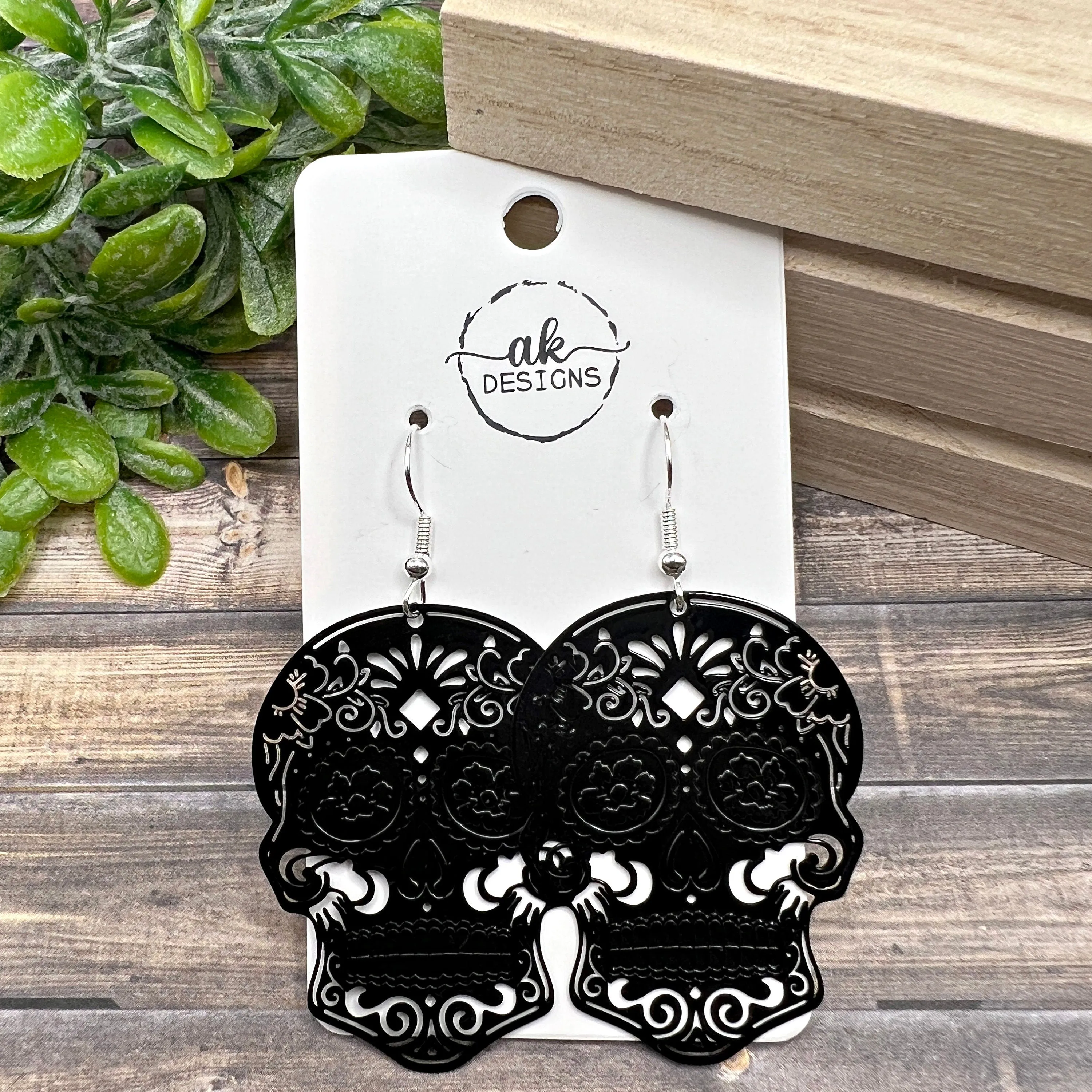 Sugar Skull Filigree Halloween Spooky Lightweight Black or Silver  Earrings, Hypoallergenic Gift