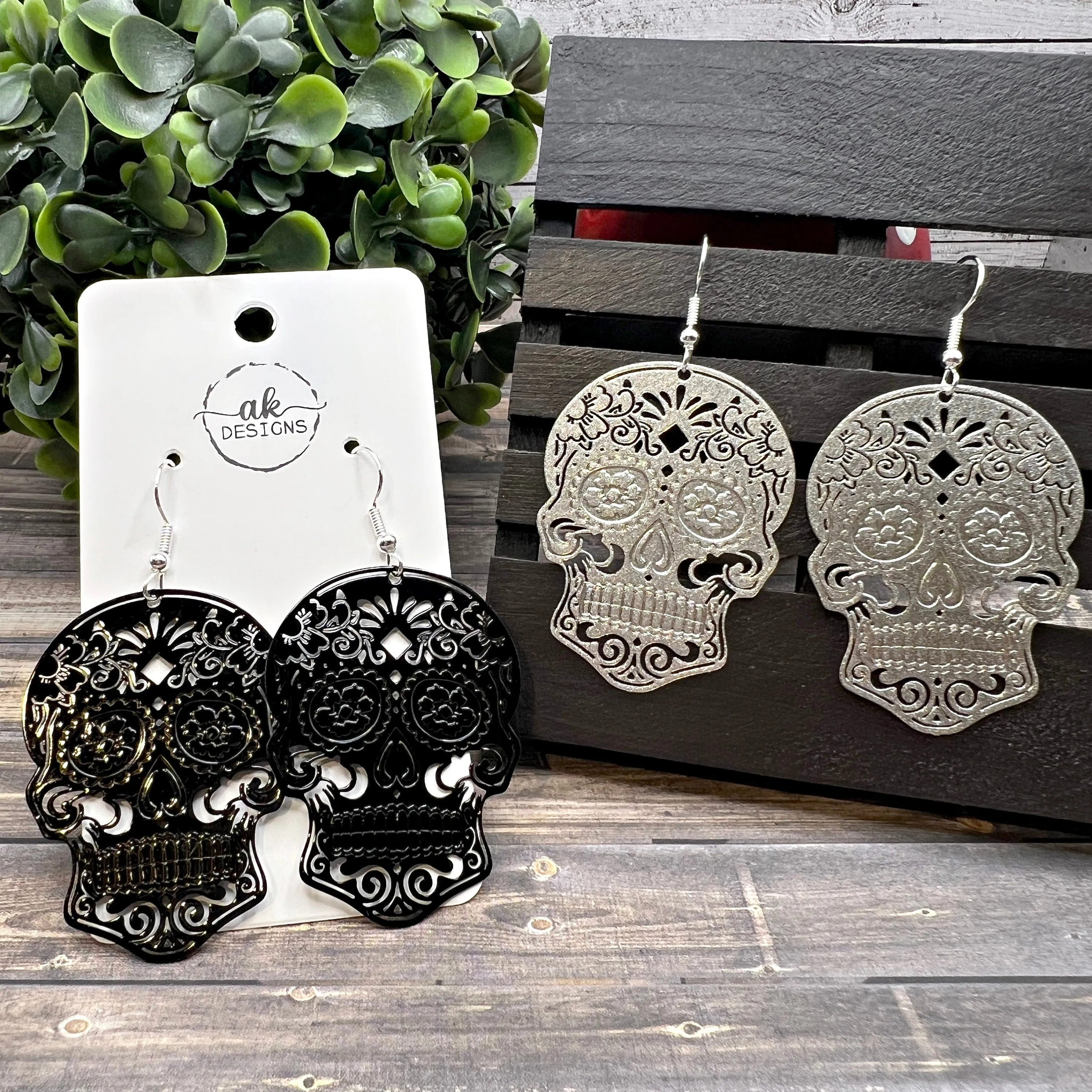 Sugar Skull Filigree Halloween Spooky Lightweight Black or Silver  Earrings, Hypoallergenic Gift