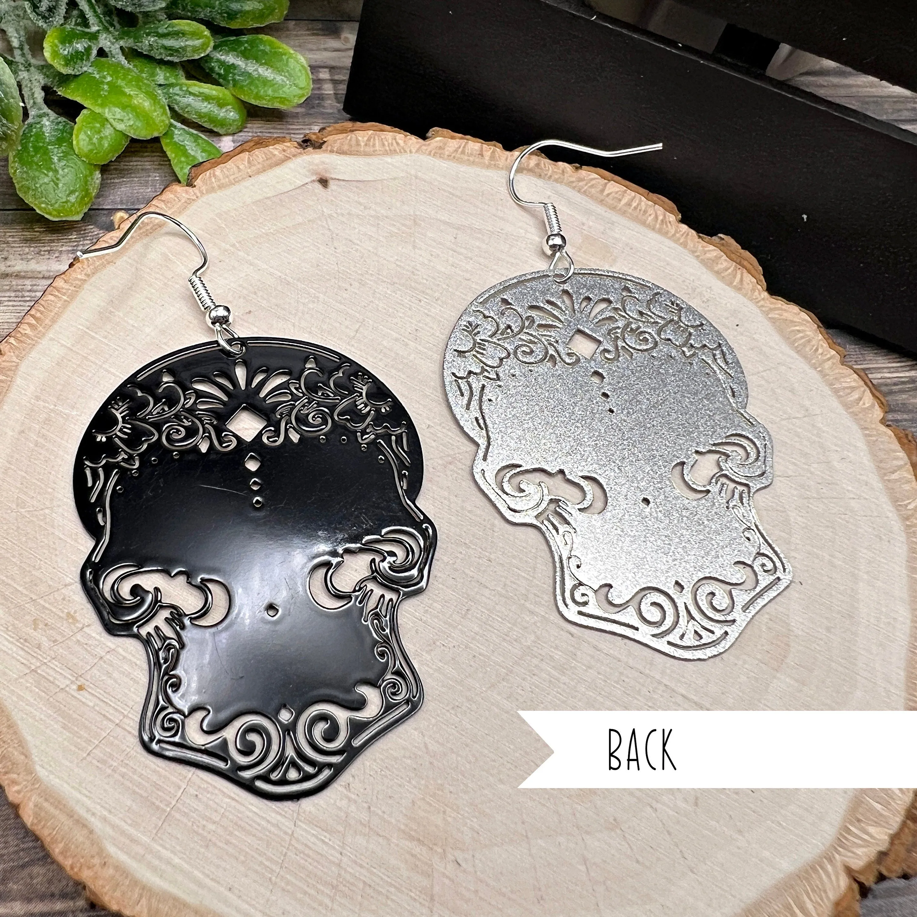 Sugar Skull Filigree Halloween Spooky Lightweight Black or Silver  Earrings, Hypoallergenic Gift