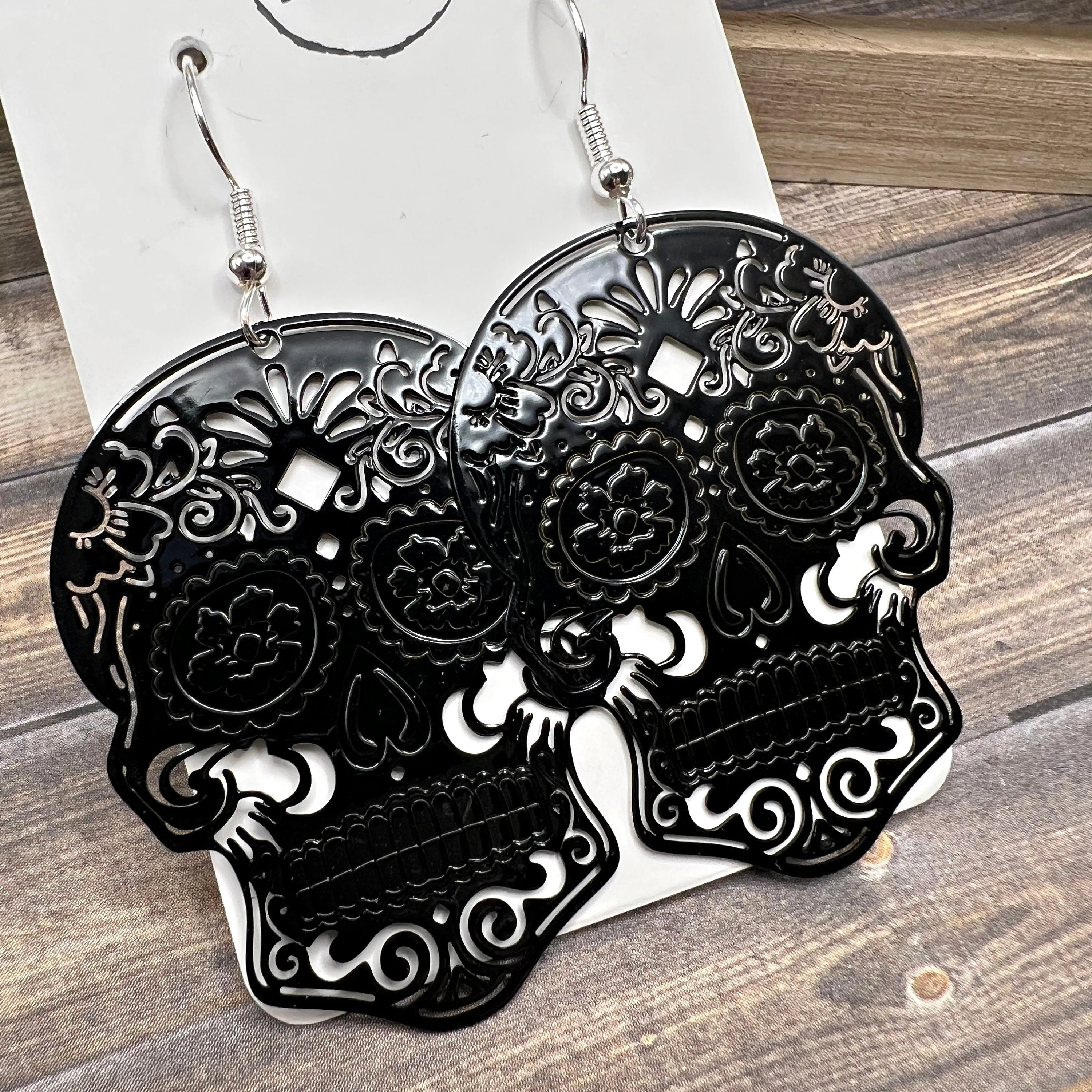 Sugar Skull Filigree Halloween Spooky Lightweight Black or Silver  Earrings, Hypoallergenic Gift