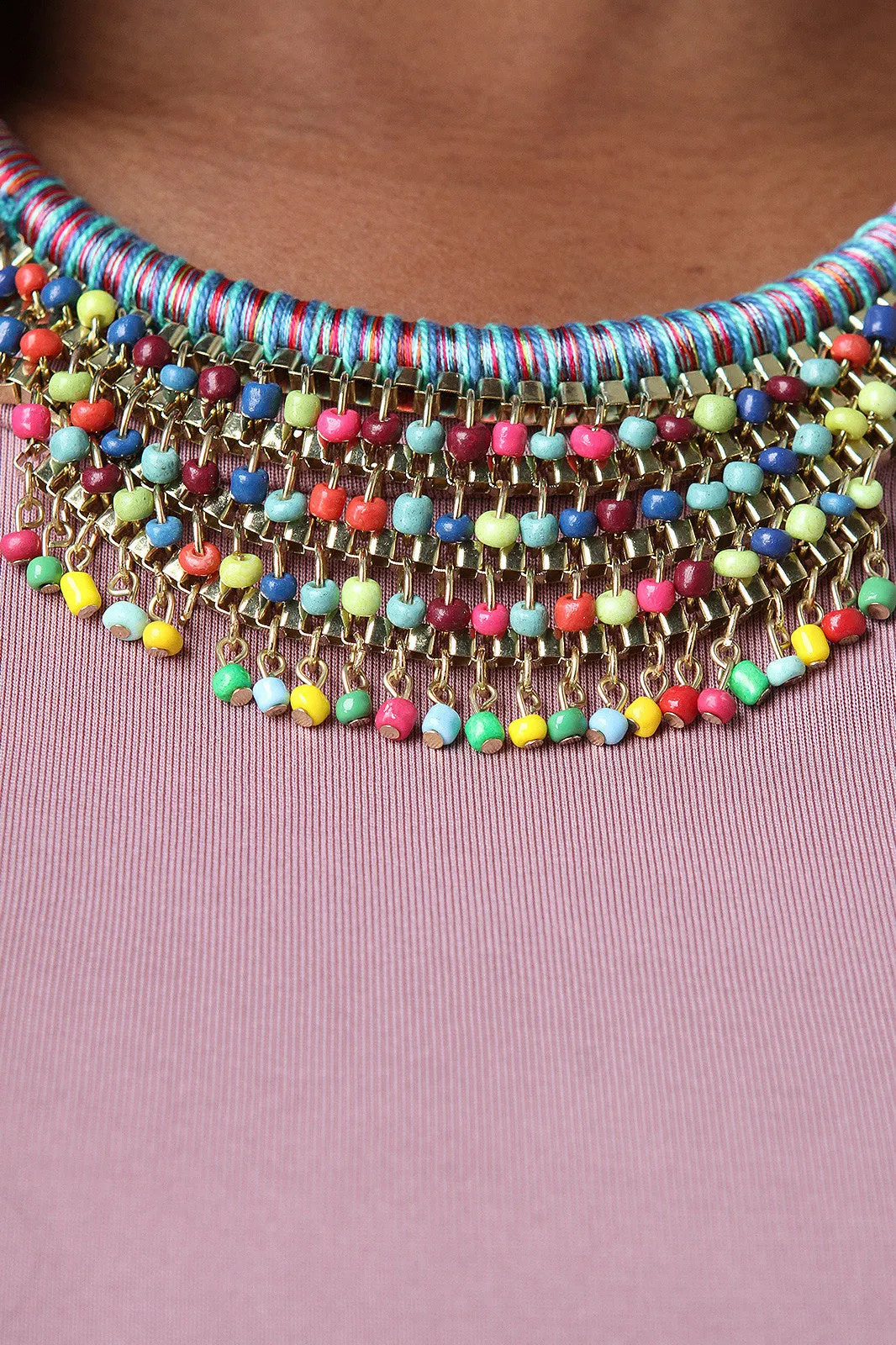 Tribal Bohemian Wrapped Rope Beaded Necklace