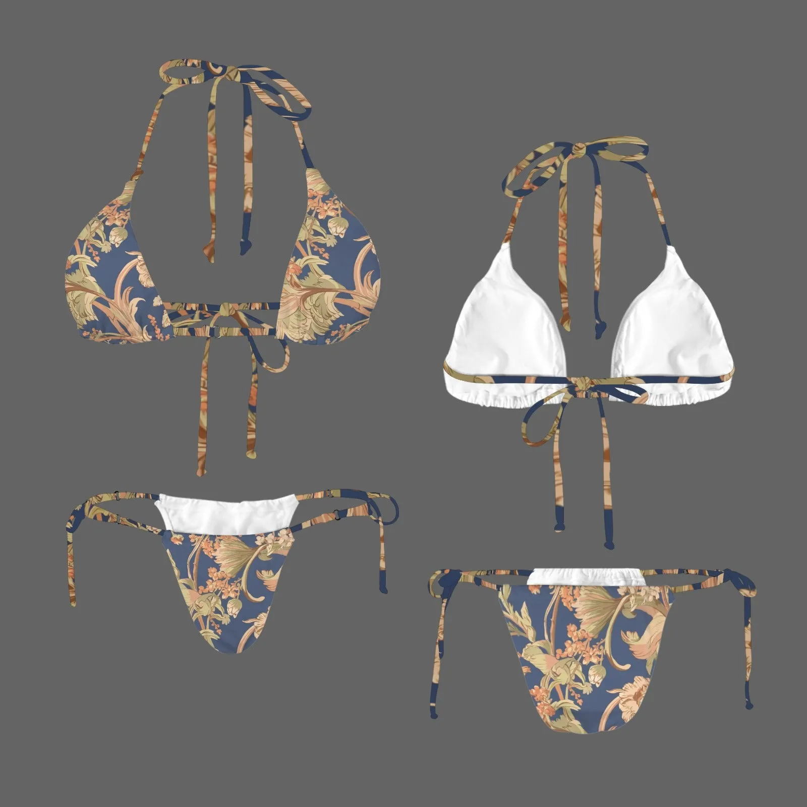 Vampire Art Glam Halter String Bikini Swimsuit Set - Art Nouveau Flowers in Blue