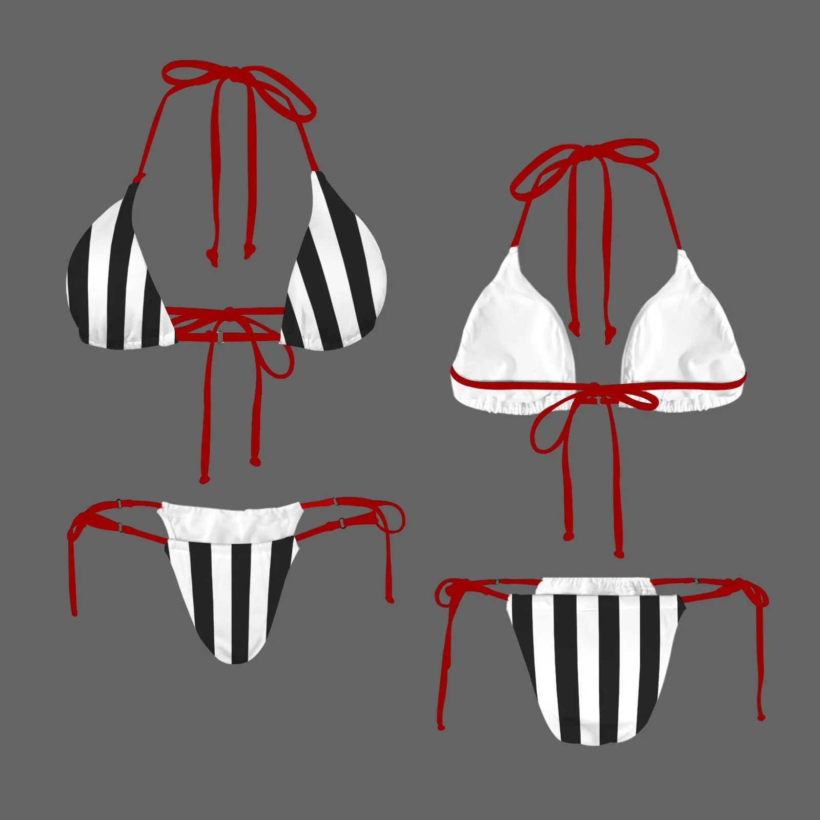 Vampire Art Glam Halter String Bikini Swimsuit Set - Black and White Stripes