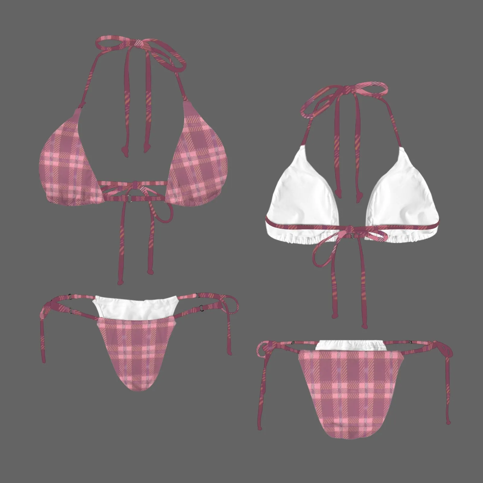 Vampire Art Glam Halter String Bikini Swimsuit Set - Cowgirl Plaid With Pink