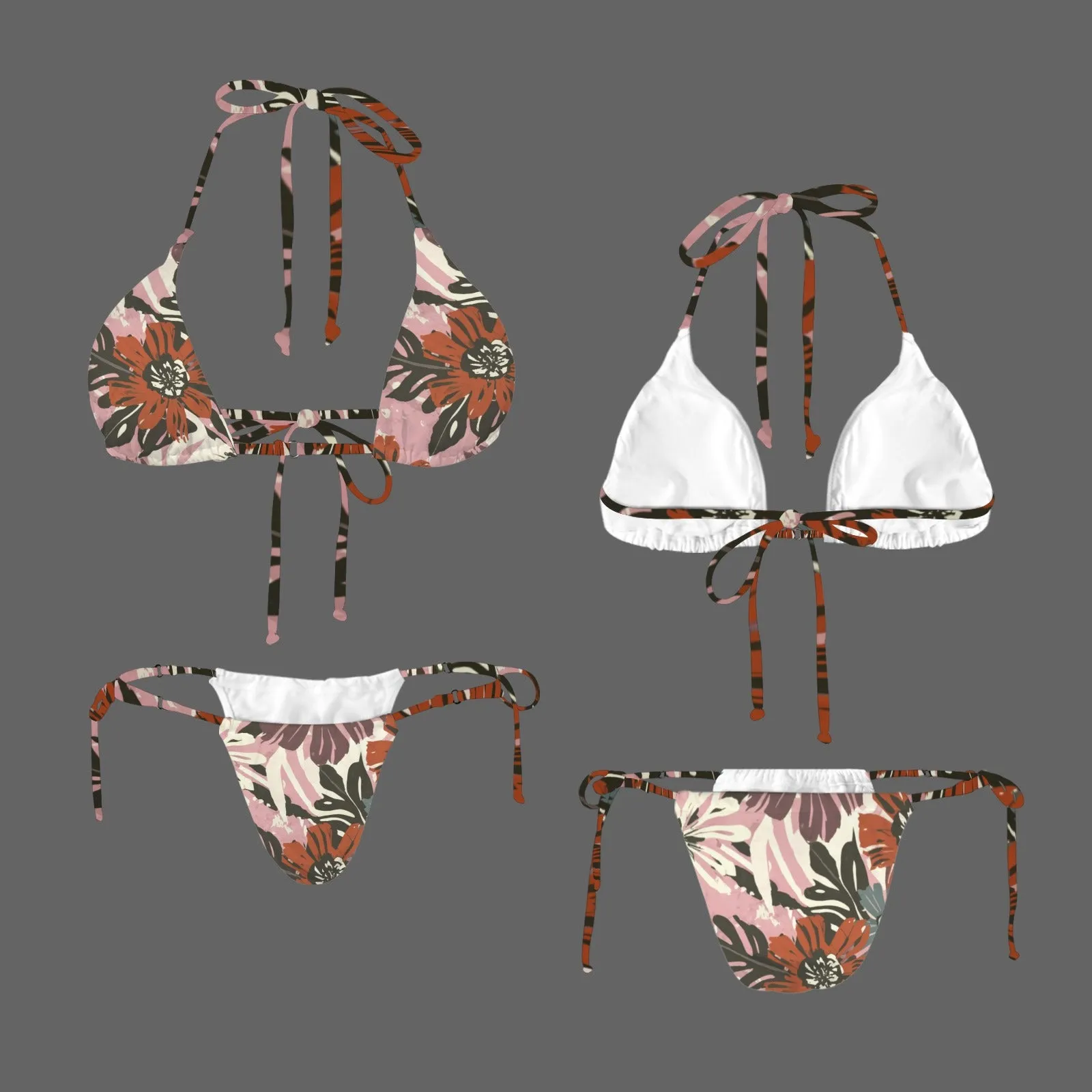 Vampire Art Glam Halter String Bikini Swimsuit Set - Grunge Flowers in Pink