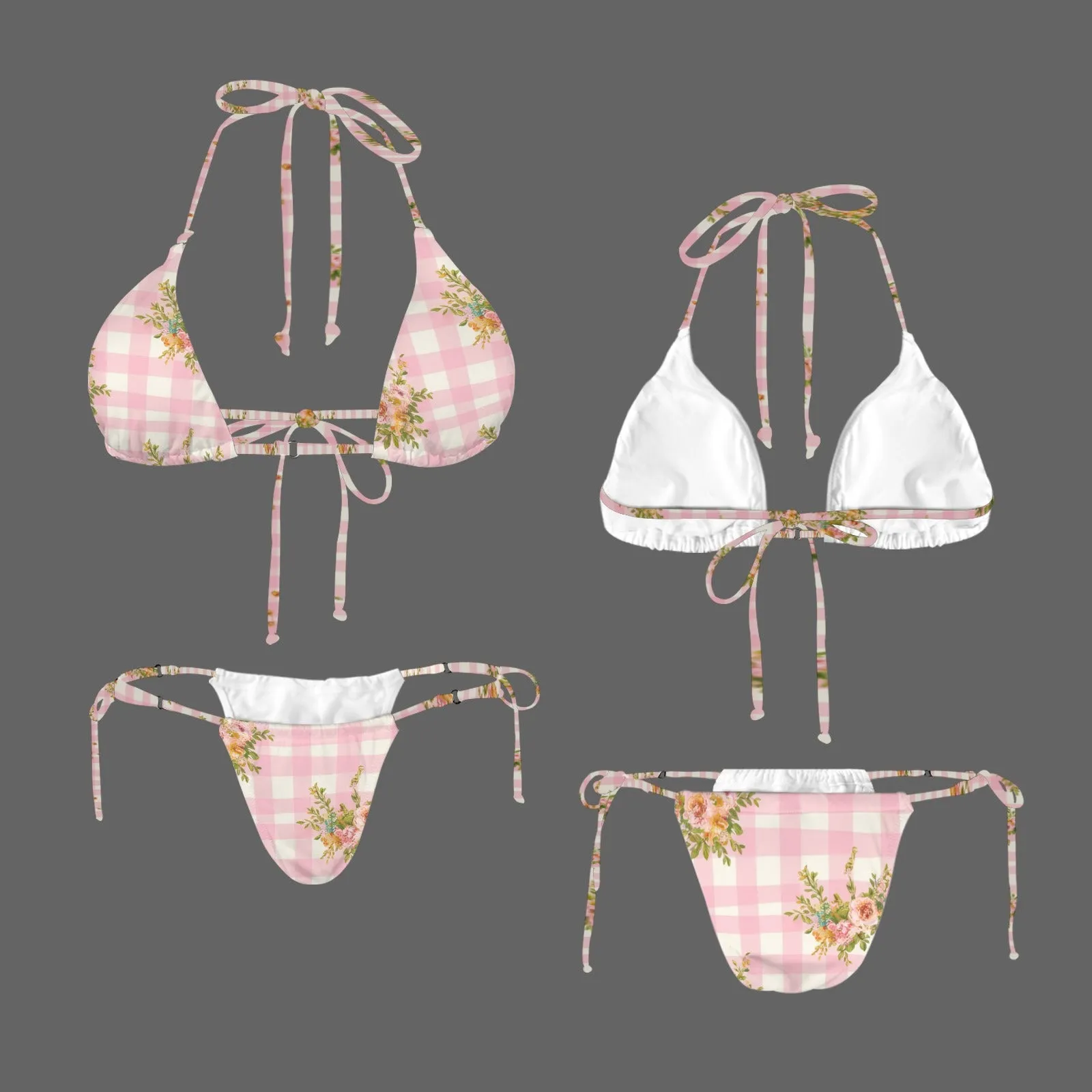 Vampire Art Glam Halter String Bikini Swimsuit Set - Pink Floral Gingham