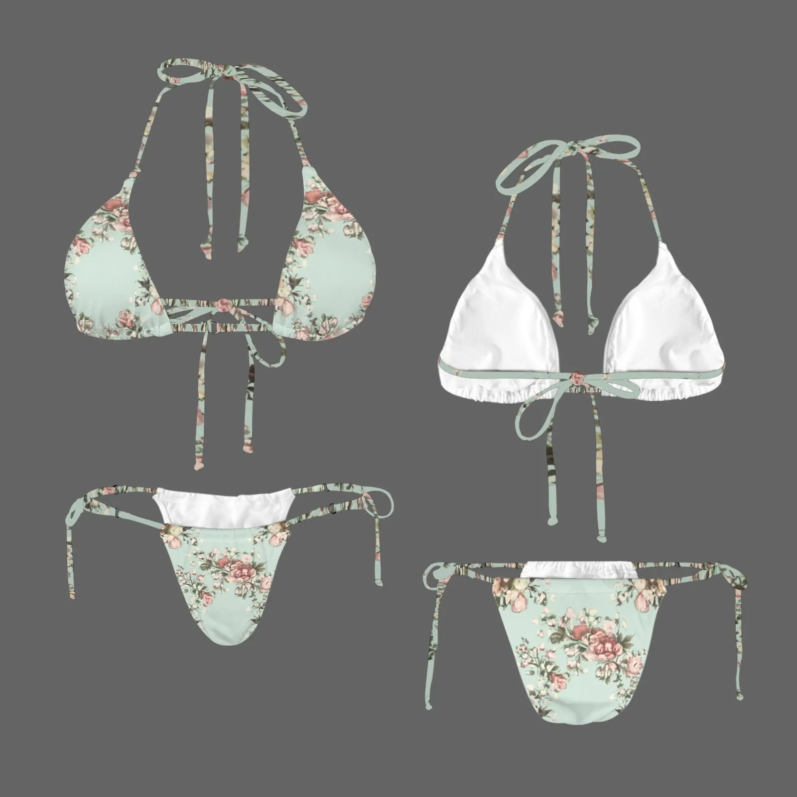 Vampire Art Glam Halter String Bikini Swimsuit Set - Retro Florals in Pale Mint