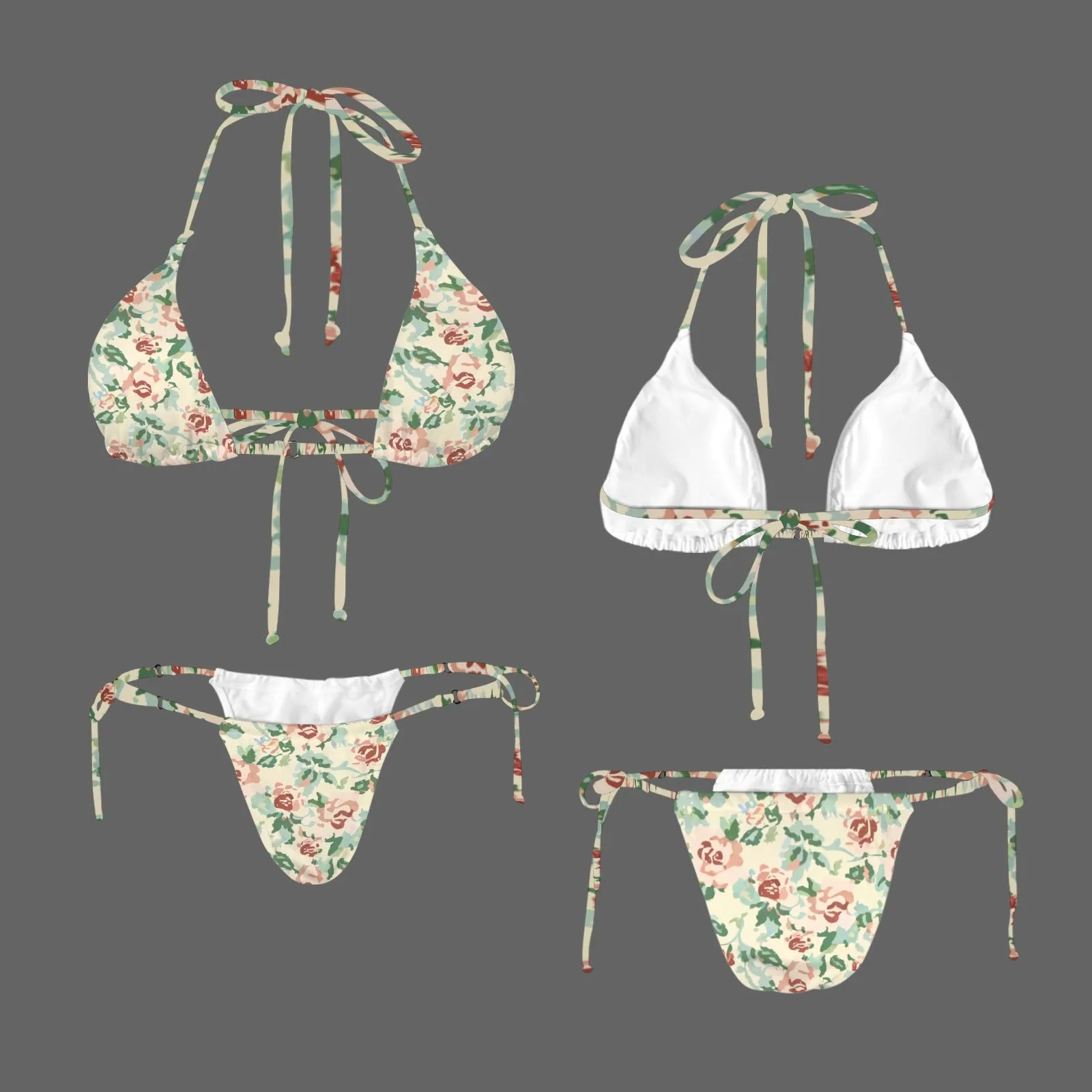 Vampire Art Glam Halter String Bikini Swimsuit Set - Retro Florals in Pale Yellow