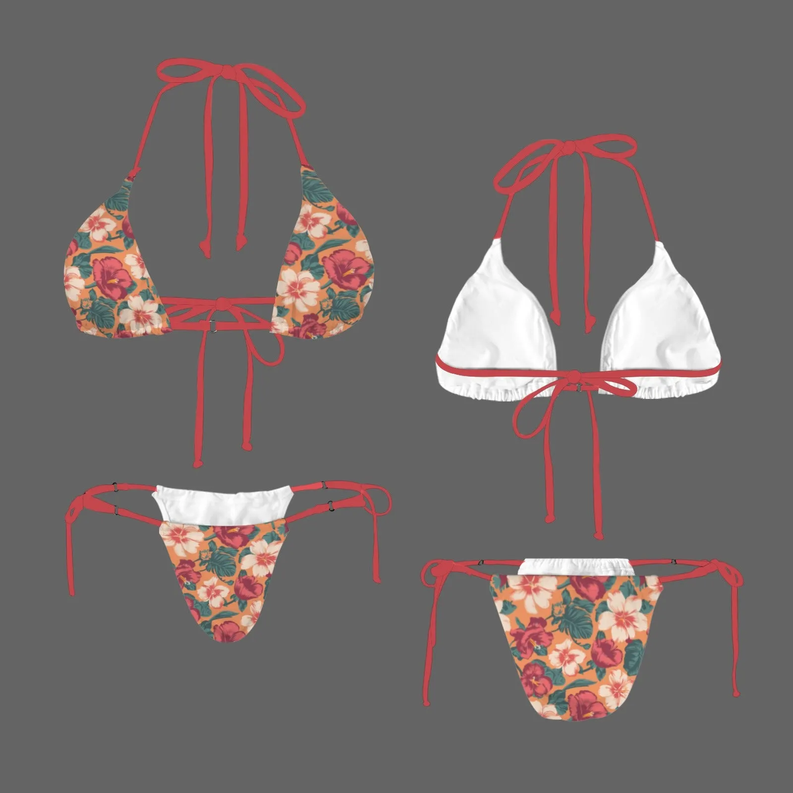 Vampire Art Glam Halter String Bikini Swimsuit Set - Retro Surfy Florals in Coral