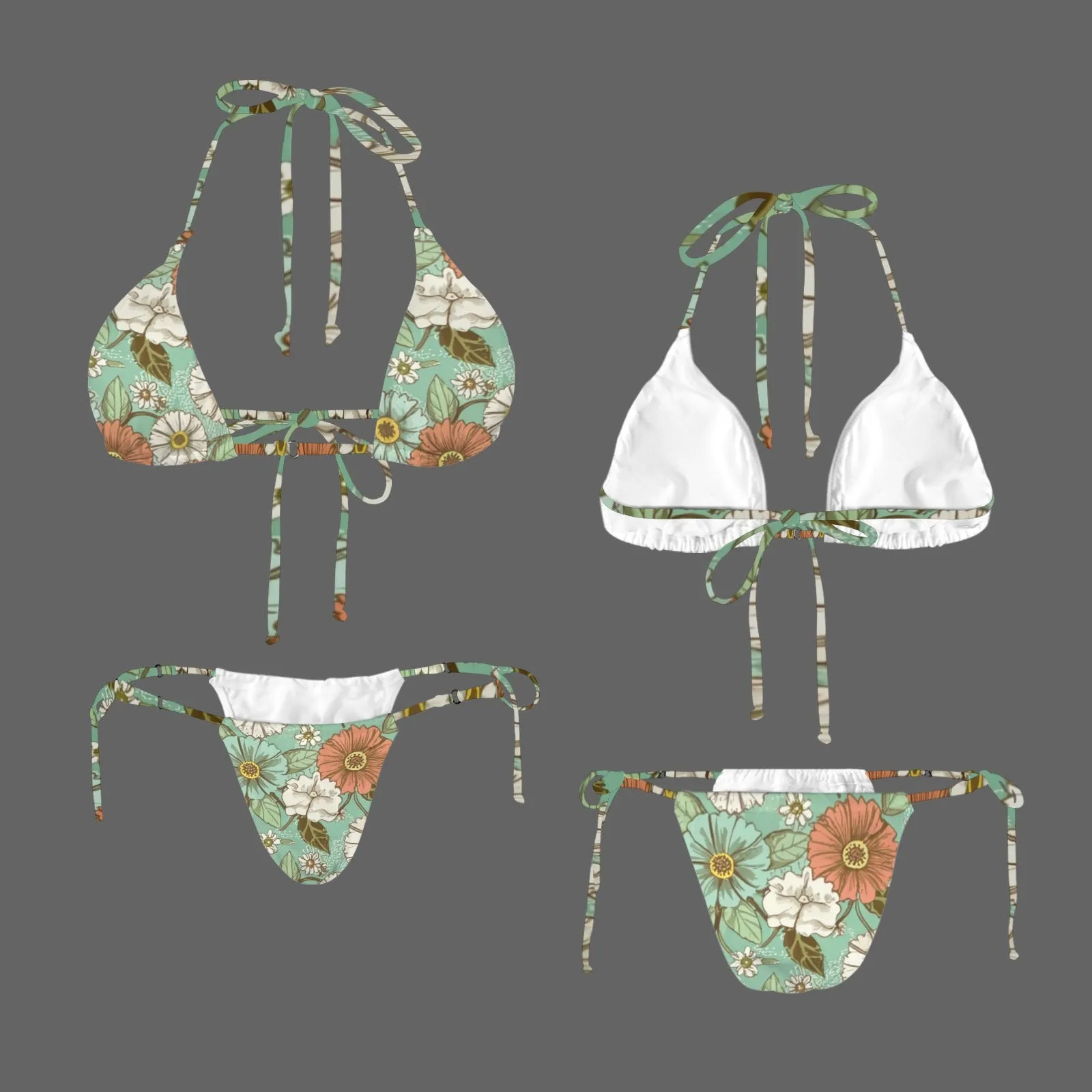 Vampire Art Glam Halter String Bikini Swimsuit Set - Surfy Flowers in Mint