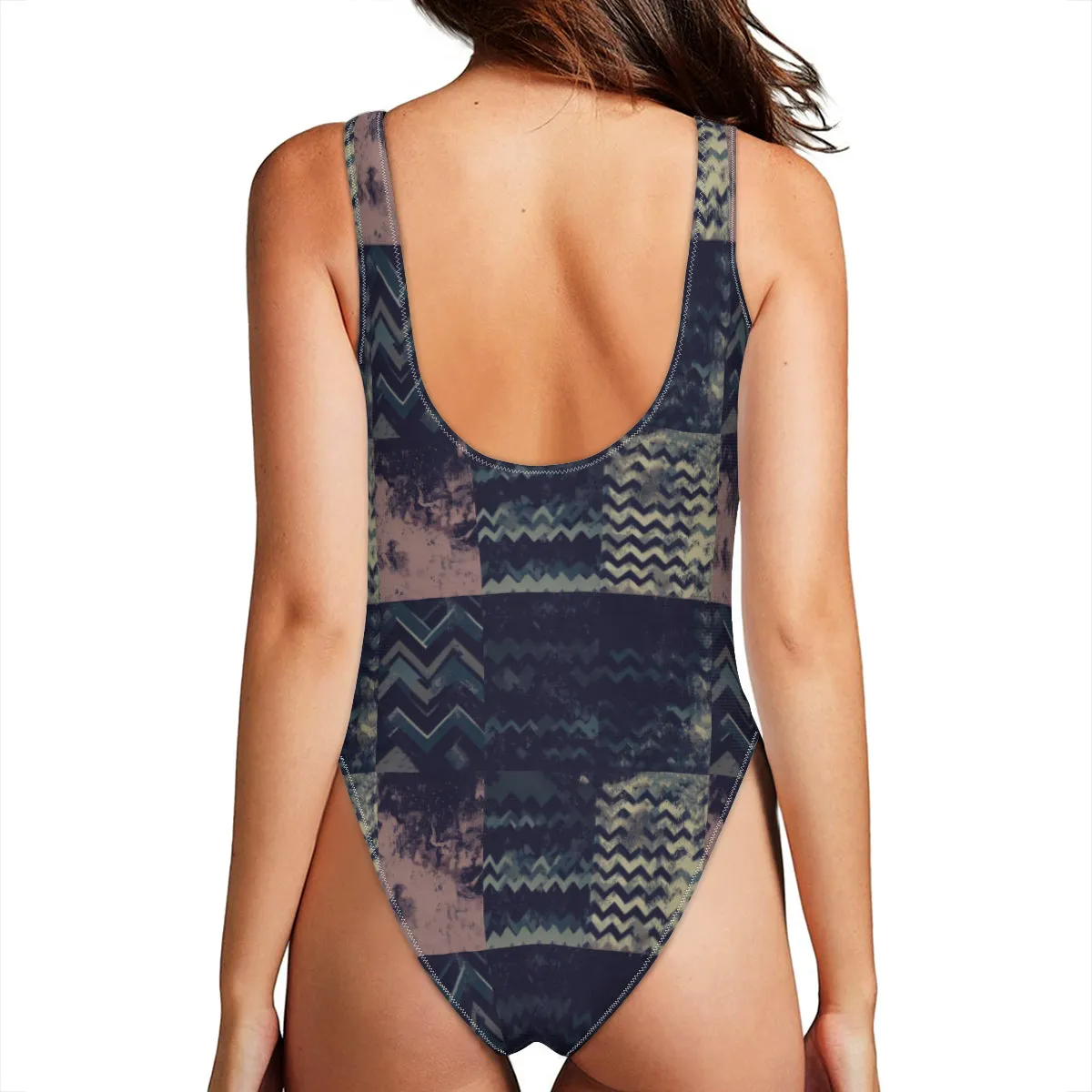 Vampire Art Grunge Patchwork High Leg One-Piece Swimsuit - Herringbone in Green and Brown