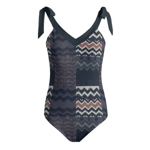 Vampire Art Grunge Patchwork Women's Tie Shoulder One-piece Padded Swimsuit - Herringbone and Chains