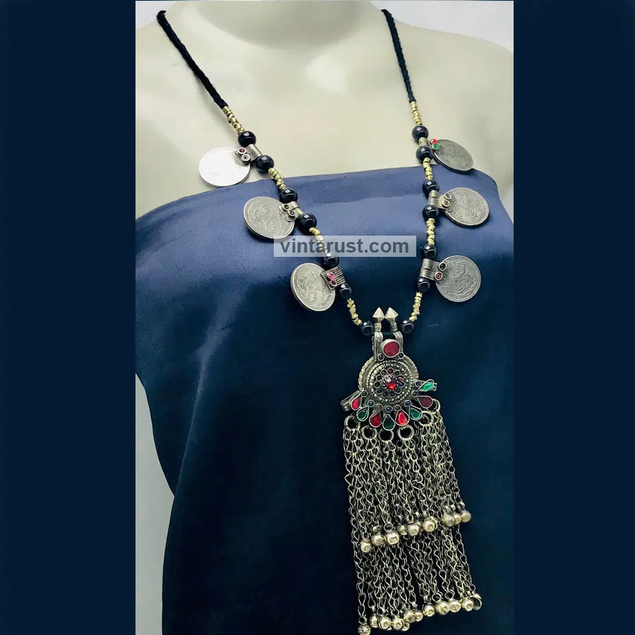 Vintage Beaded Coins Pendant Necklace