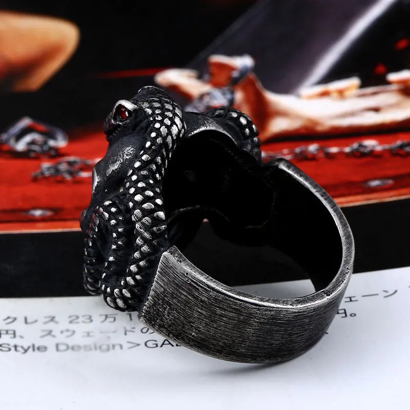 Wholesale Zircon-Studded Python Skull Ring in Stainless Steel for Men - European and American Alternative Titanium Steel Design