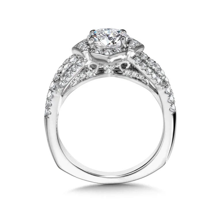 Wide Crisscross & Floral Halo Engagement Ring  w/ Spiral Diamond Undergallery