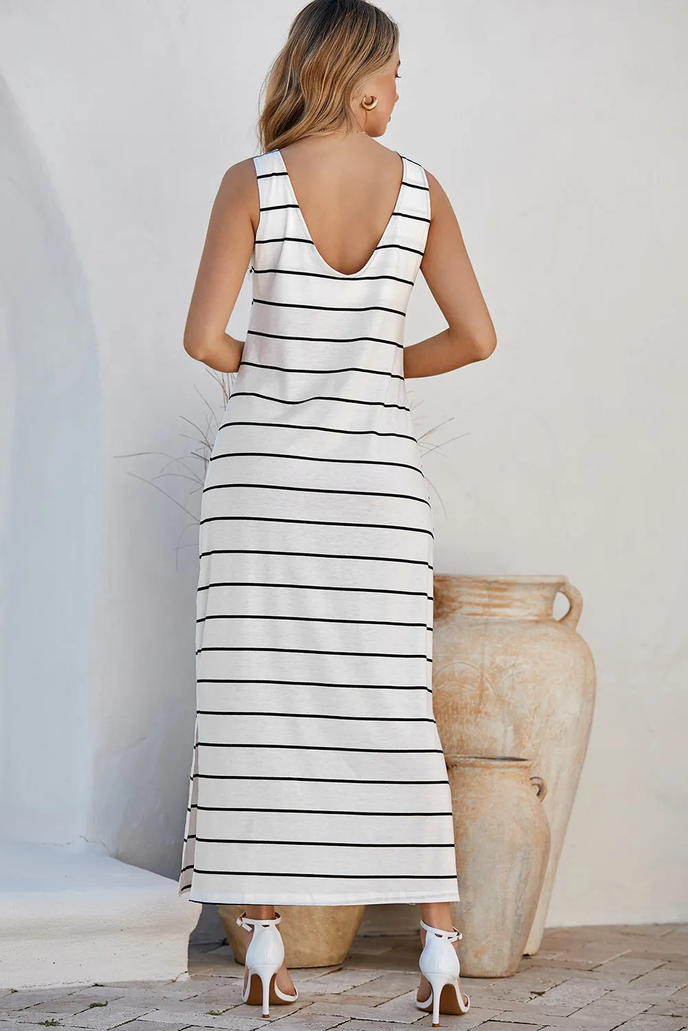 Women's Summer Sleeveless Striped Racer Back Long Dress Casual Beach Maxi Tank Dresses