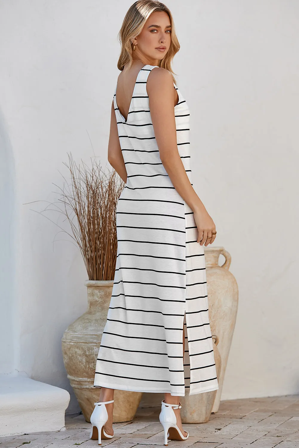 Women's Summer Sleeveless Striped Racer Back Long Dress Casual Beach Maxi Tank Dresses