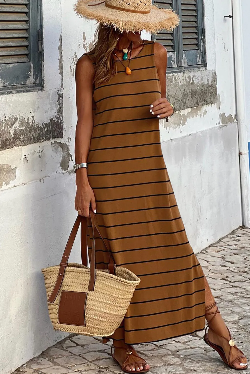 Women's Summer Sleeveless Striped Racer Back Long Dress Casual Beach Maxi Tank Dresses