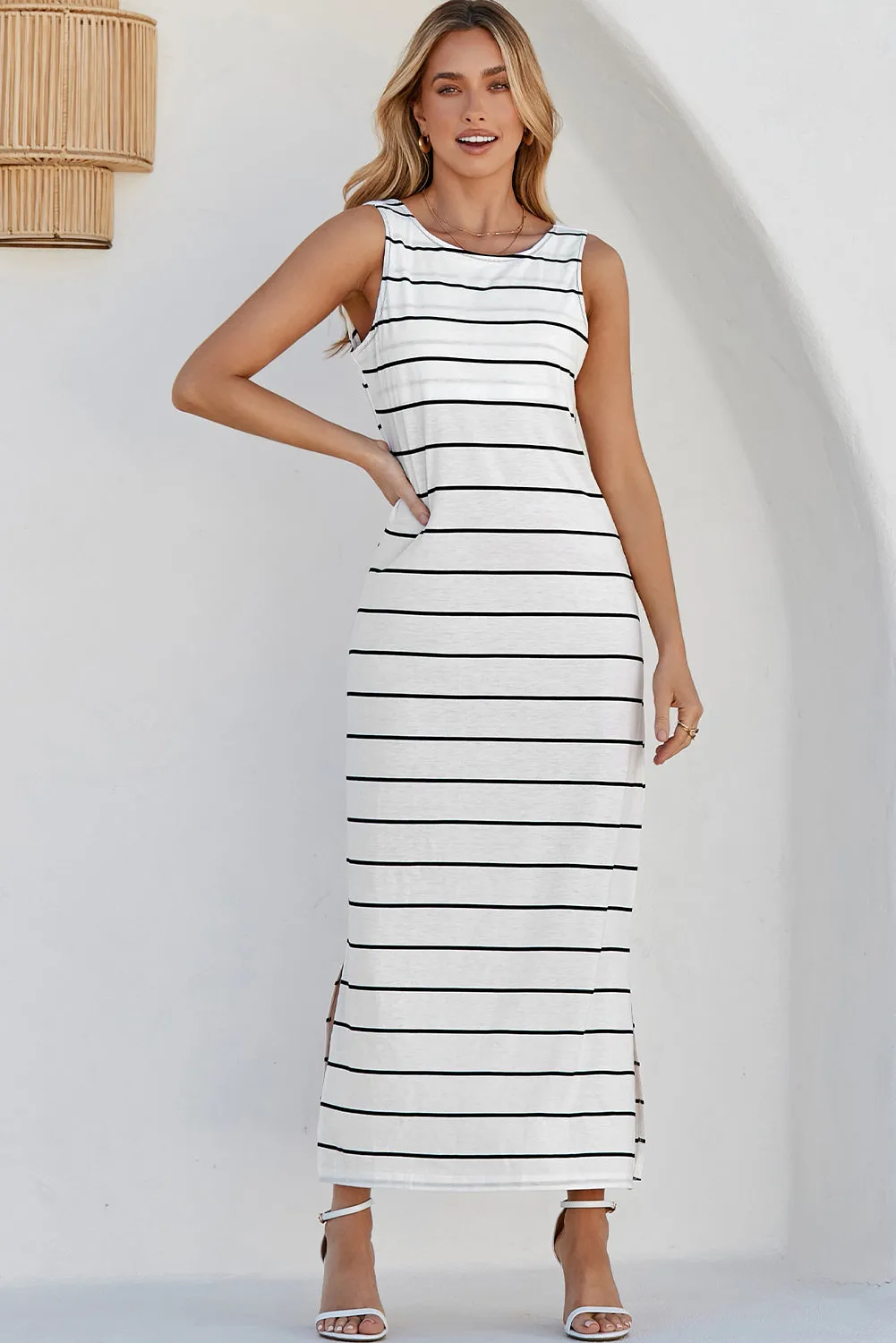 Women's Summer Sleeveless Striped Racer Back Long Dress Casual Beach Maxi Tank Dresses