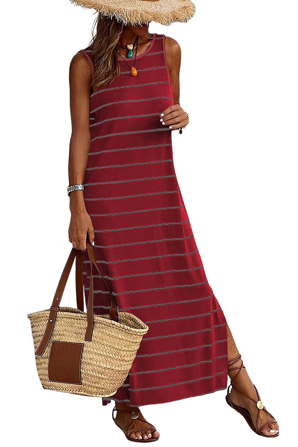 Women's Summer Sleeveless Striped Racer Back Long Dress Casual Beach Maxi Tank Dresses