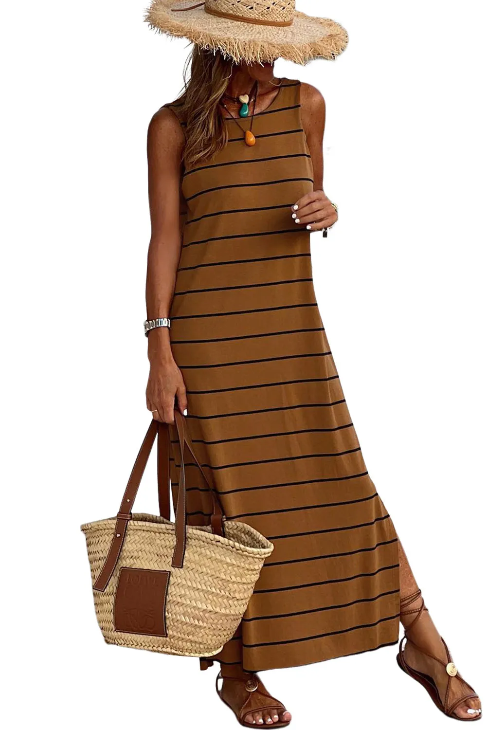 Women's Summer Sleeveless Striped Racer Back Long Dress Casual Beach Maxi Tank Dresses