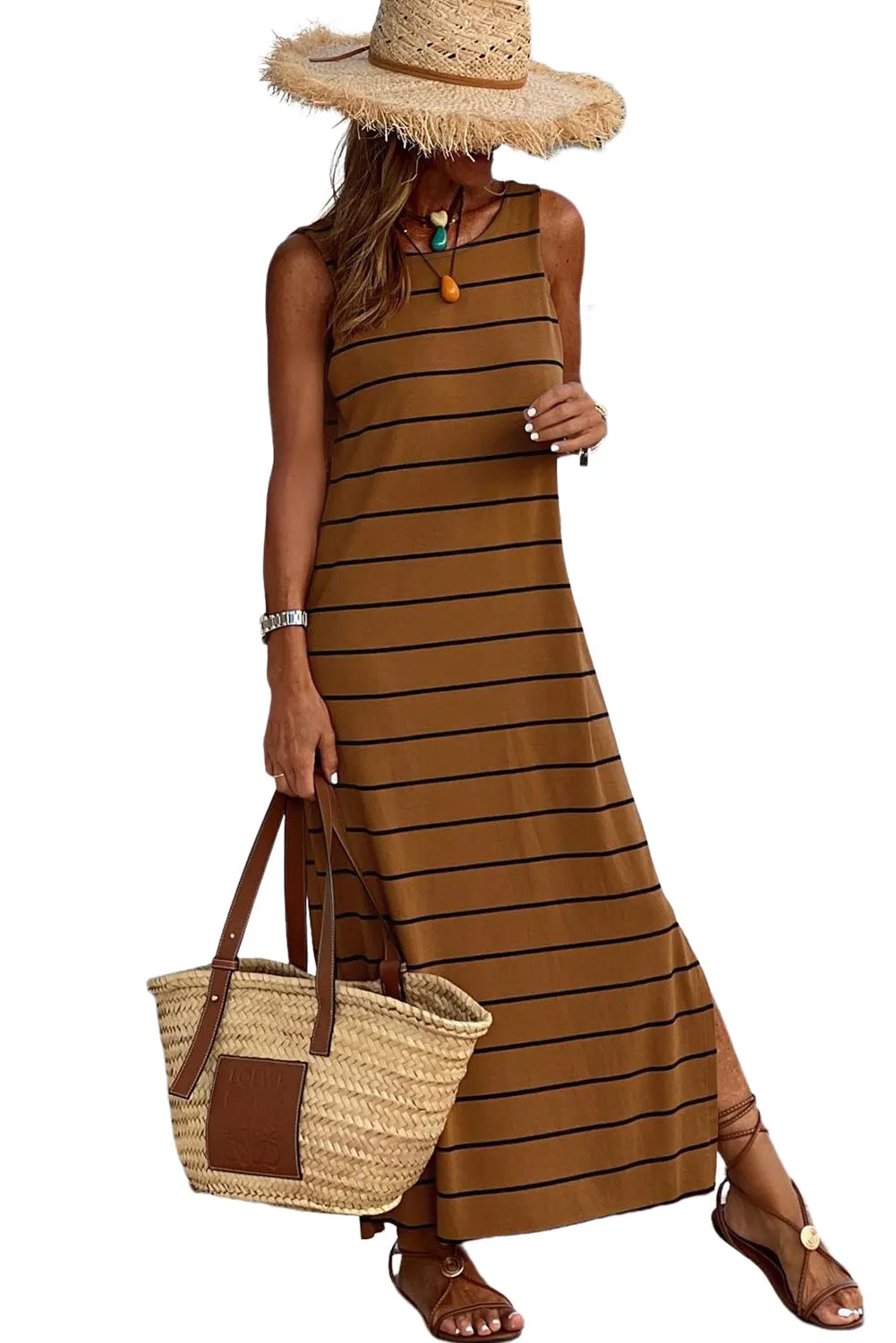 Women's Summer Sleeveless Striped Racer Back Long Dress Casual Beach Maxi Tank Dresses